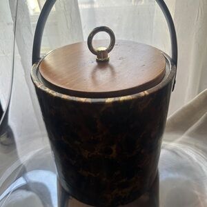 Vintage Ice Bucket with Wooden Lid - Black, Brown & Gold